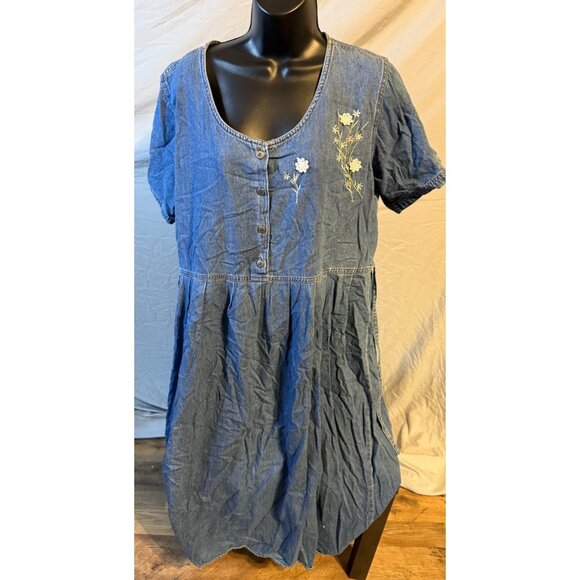 Proudly Plus Womens Size 1X Denim Jean Jumper Dress Floral 90s Vibes Tie Waist - Picture 1 of 4